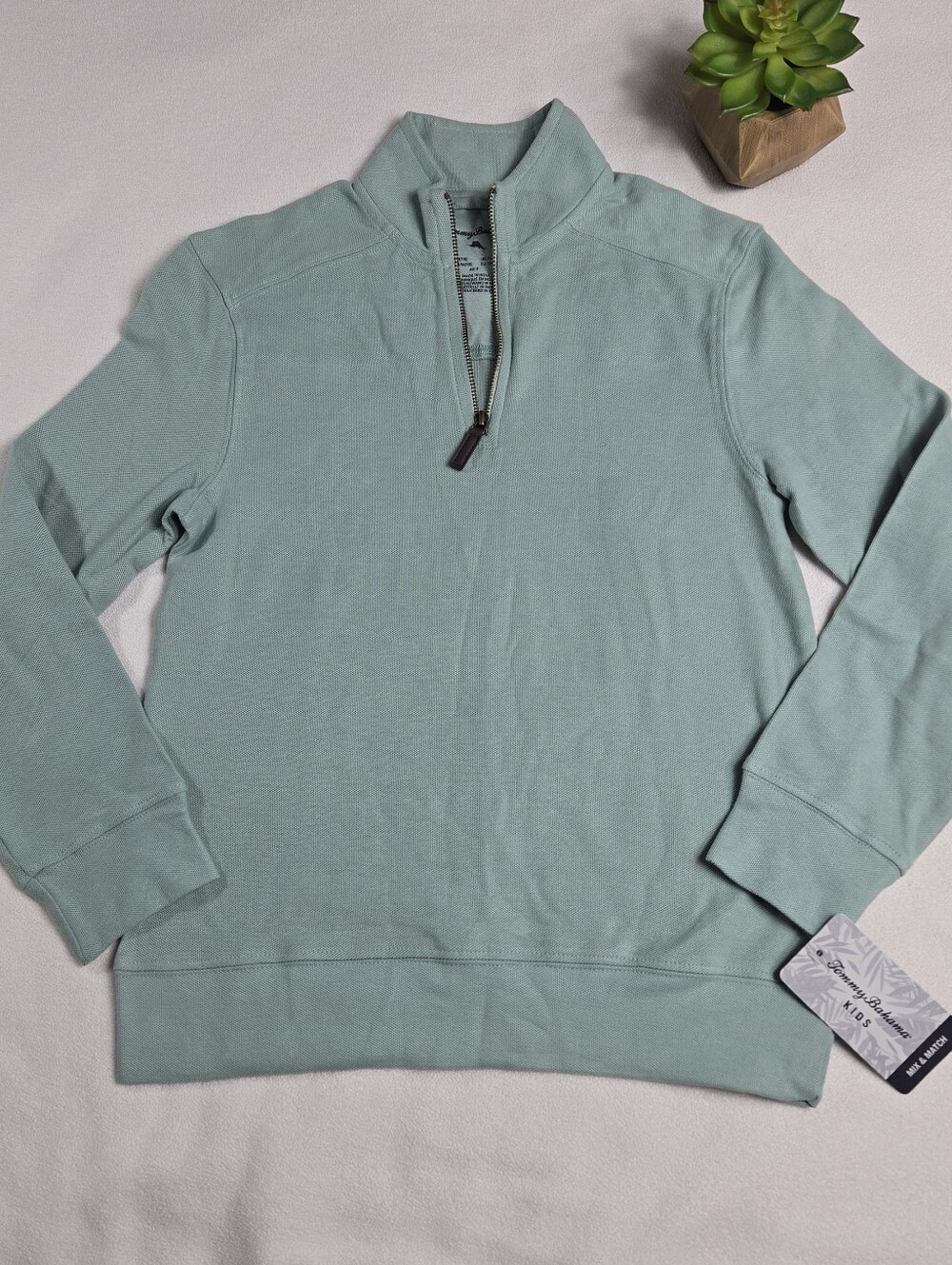 NWT Tommy Bahama Boys Zip-Neck Sweater in Mint, Size 7-8